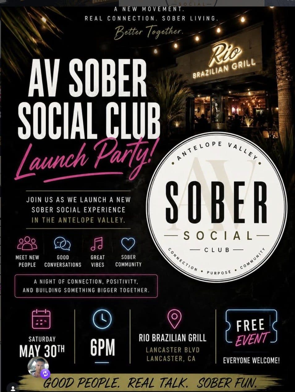 AV Sober Social Club launch party event flyer
